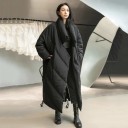 Women's Long Winter Oversized Coat with Large Shawl Collar Black Coat with Diagonal Stitching Dropped Shoulders Side Pockets Cotton 2