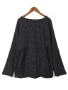 Women's Loose Blouse with Long Sleeves Subtle Checked Pattern Round Neckline Side Gatherings Rounded Hem 100% Cotton 9