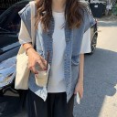 Women's Loose Fit Denim Vest Light Blue Denim with Cotton Classic Collar Metal Buttons Two Large Flap Pockets Extended Shoulders 2