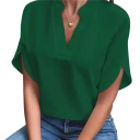 Women's Loose-Fitting Blouse with Short Sleeves and Side Slit with a Stand-Up Collar Opening into a V-Neck and Straight Hem 8