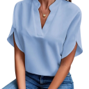 Women's Loose-Fitting Blouse with Short Sleeves and Side Slit with a Stand-Up Collar Opening into a V-Neck and Straight Hem 4