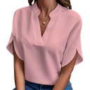 Women's Loose-Fitting Blouse with Short Sleeves and Side Slit with a Stand-Up Collar Opening into a V-Neck and Straight Hem 3