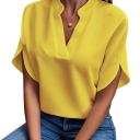 Women's Loose-Fitting Blouse with Short Sleeves and Side Slit with a Stand-Up Collar Opening into a V-Neck and Straight Hem 2