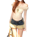 Women's Low Waist Denim Shorts Blue With Bows Faux Fur On The Legs With Pockets Cotton Denim Summer Fashion Shorts 2