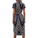 Women's Midi Dress with Short Sleeves and V-Neck with Stand Collar and Tie Belt in Dark Blue with Beige Stripes for Summer 2