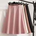 Women's Midi Skirt with Belt A-line Cut Dark Belt with Round Metal Buckle Plain Skirt Below the Knee Cotton Polyester and Spandex 5