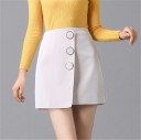 Women's Mini Skirt in Faux Leather with Three Large Round Buttons Asymmetrically Wrapped Front A-Line Cut Short Length Above the Knee 1
