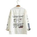 Women's Oversized Denim Jacket with Illustrated Print Illustrations and Inscriptions on the Sleeves and Back Contrasting Stitching Large Pockets 3