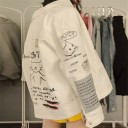 Women's Oversized Denim Jacket with Illustrated Print Illustrations and Inscriptions on the Sleeves and Back Contrasting Stitching Large Pockets 6