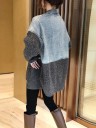Women's Oversized Denim Jacket with Knitted Sleeves Combination of Denim and Grey Knit Chest Pockets with Flaps Extended Length Polyester 3