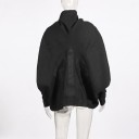 Women's Oversized Jacket with High Collar and Gold Zip with Decorative Slider and Drawstring with Balloon Sleeves and Embroidery Black 8