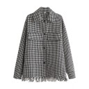 Women's Oversized Shirt with Black and White Houndstooth Pattern Fringes on the Lower Hem and Back Two Breast Pockets with Flaps Polyester 1