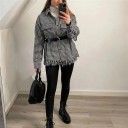 Women's Oversized Shirt with Black and White Houndstooth Pattern Fringes on the Lower Hem and Back Two Breast Pockets with Flaps Polyester 4