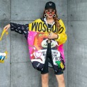 Women's Oversized Spring Jacket with Hood Colourful Print Featuring a Teddy Bear and Lettering Zip Fastening Elastic Cuffs and Hem Polyester 5