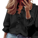 Women's Plain Loose-Fitting Blouse with Long Balloon Sleeves and Elasticated V-Neck with Frill Along the Front 2
