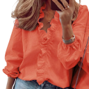 Women's Plain Loose-Fitting Blouse with Long Balloon Sleeves and Elasticated V-Neck with Frill Along the Front 4