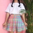 Women's Pleated Check Skirt with High Waist Short A-line Cut with Regular Pleats Around the Entire Hem Pastel Check Pattern Polyester 1