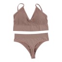 Women's Ribbed Lingerie Set with Wireless Bra Featuring V-Neck and Removable Padding and Wide Waist Thong 1