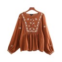 Women's Rust Blouse with Floral Embroidery Long Loose Sleeves Round Neck Gathered Cut Lace Insert Cotton and Polyester 1