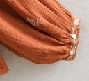Women's Rust Blouse with Floral Embroidery Long Loose Sleeves Round Neck Gathered Cut Lace Insert Cotton and Polyester 6