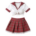 Women's Sexy Cosplay Costume White Crop Top with Sailor Collar and Ties and Red Checked Pleated Mini Skirt with Lace Trim 5