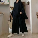 Women's Shirt and Trousers Set Black Oversized Shirt with Large Pockets and Long Sleeves Wide Long Trousers Polyester 2