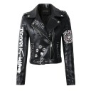 Women's Short Biker Jacket in Black Faux Leather with White Prints Diagonal Zip Metal Studs Buckle Belt Zip Pockets Epaulettes 1