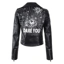 Women's Short Biker Jacket in Black Faux Leather with White Prints Diagonal Zip Metal Studs Buckle Belt Zip Pockets Epaulettes 2