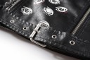 Women's Short Biker Jacket in Black Faux Leather with White Prints Diagonal Zip Metal Studs Buckle Belt Zip Pockets Epaulettes 4