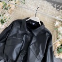 Women's Short Black Faux Leather Jacket with Shirt Collar Snap Fastening Large Breast Pockets Drawstring at Hem Loose Fit 3