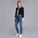 Women's Short Collarless Blazer with Gold Buttons Striped Cuffs Structured Fabric Polyester and Cotton Dark Blue For Work and City 2