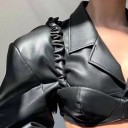 Women's Short Crop Jacket in Faux Leather Black Jacket with Lapel Collar and Shaped Cups Gathered Seams on Shoulders Long Wide Sleeves 3