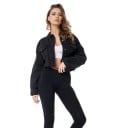 Women's Short Denim Jacket Black Loose Fit with Dropped Shoulders Frayed Hem Breast Pockets with Flap Button Fastening Cotton 5