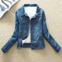 Women's Short Denim Jacket with Fur Lining Shirt Collar Flap Chest Pockets and Side Pockets Button Fastening Cotton and Polyester 1
