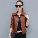 Women's Short Faux Leather Jacket Shirt Collar Button Fastening Two Sewn Pockets at the Front Long Sleeves Straight Waist Length 4