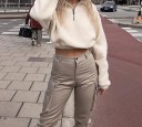Women's Short Fluffy Sweatshirt with Stand-up Collar and Zip at the Neck Long Loose Sleeves with Gathered Cuffs Gathered Hem Plush Polyester 6