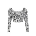 Women's Short Leopard Print Blouse Long Puffed Sleeves Heart-Shaped Neckline with Gathered Centre Smooth Polyester Fabric 1