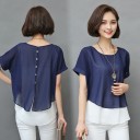 Women's Short-Sleeved Blouse with White Underlayer Buttons and Split at the Back Round Neck Polyester with Cotton and Spandex 5