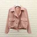 Women's Short Spring Jacket with Wide Collar Two Large Flap Pockets Metal Button Fastening Drawstring at Hem Polyester 3