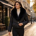 Women's Short Winter Jacket with Duck Down and Large Fur Collar, Quilted with Elastic Waist and Long Sleeves 3
