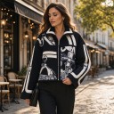 Women's Short Zip-Up Jacket with Pattern, Collar and Decorative Stripes with Buckles on Sleeves, Loose Fit, Universal Size 4