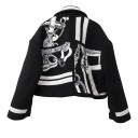 Women's Short Zip-Up Jacket with Pattern, Collar and Decorative Stripes with Buckles on Sleeves, Loose Fit, Universal Size 2