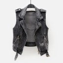Women's Sleeveless Denim Biker Style Vest Diagonal Zip Wide Lapels Zip Pockets Epaulettes Buckle Straps Distressed Look Cotton 1