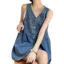 Women's Sleeveless Denim Dress with V-Neck and Buttons Casual Summer Loose Fit with Breast Pockets and Gathered Waist 1