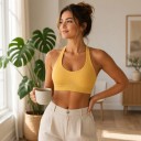 Women's Sports Bra with a High Neck, Round Neckline and Wide Ribbed Hem in a Short Cut for Yoga and Fitness 3
