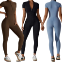 Women's Sports Jumpsuit with Short Sleeves Zip in the Neck Fitted Leggings Plain Nylon Spandex Fitness Clothing 7