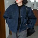 Women's Spring and Autumn Button-Up Jacket Dark Blue Round Neck Without Collar Two Large Pockets Loose Fit Cotton and Polyester 2