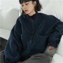 Women's Spring and Autumn Button-Up Jacket Dark Blue Round Neck Without Collar Two Large Pockets Loose Fit Cotton and Polyester 4