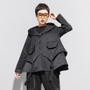 Women's Spring Jacket with Hood Black Loose A-line Cut Button Fastening Flap Pockets Cord with Tassels Frill Hem Polyester with Cotton 2