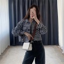 Women’s Spring Short Jacket with Houndstooth Pattern Black and White Shirt Collar Button Fastening Two Chest Pockets with Flaps Polyester 2